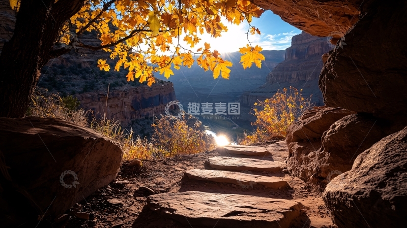 高清大图下载【趣麦麦图】秋日峡谷石阶自然风光