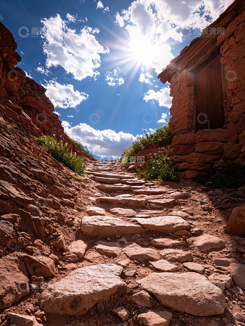 高清大图下载【趣麦麦图】石阶通向古堡的阳光明媚风景