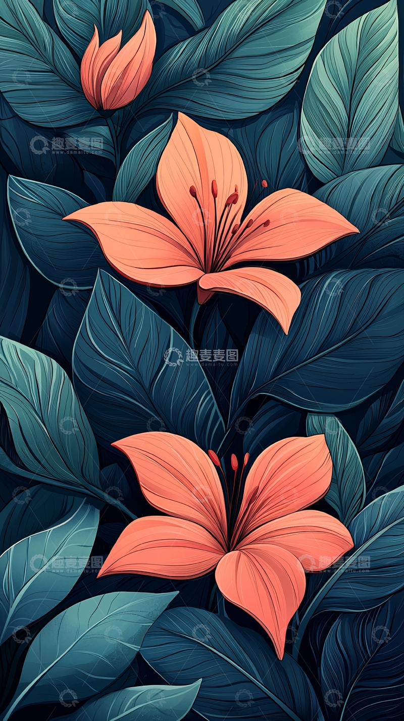 高清大图下载【趣麦麦图】橙色百合花与深蓝叶子背景