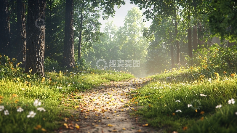 高清大图下载【趣麦麦图】森林小径上的阳光与花朵