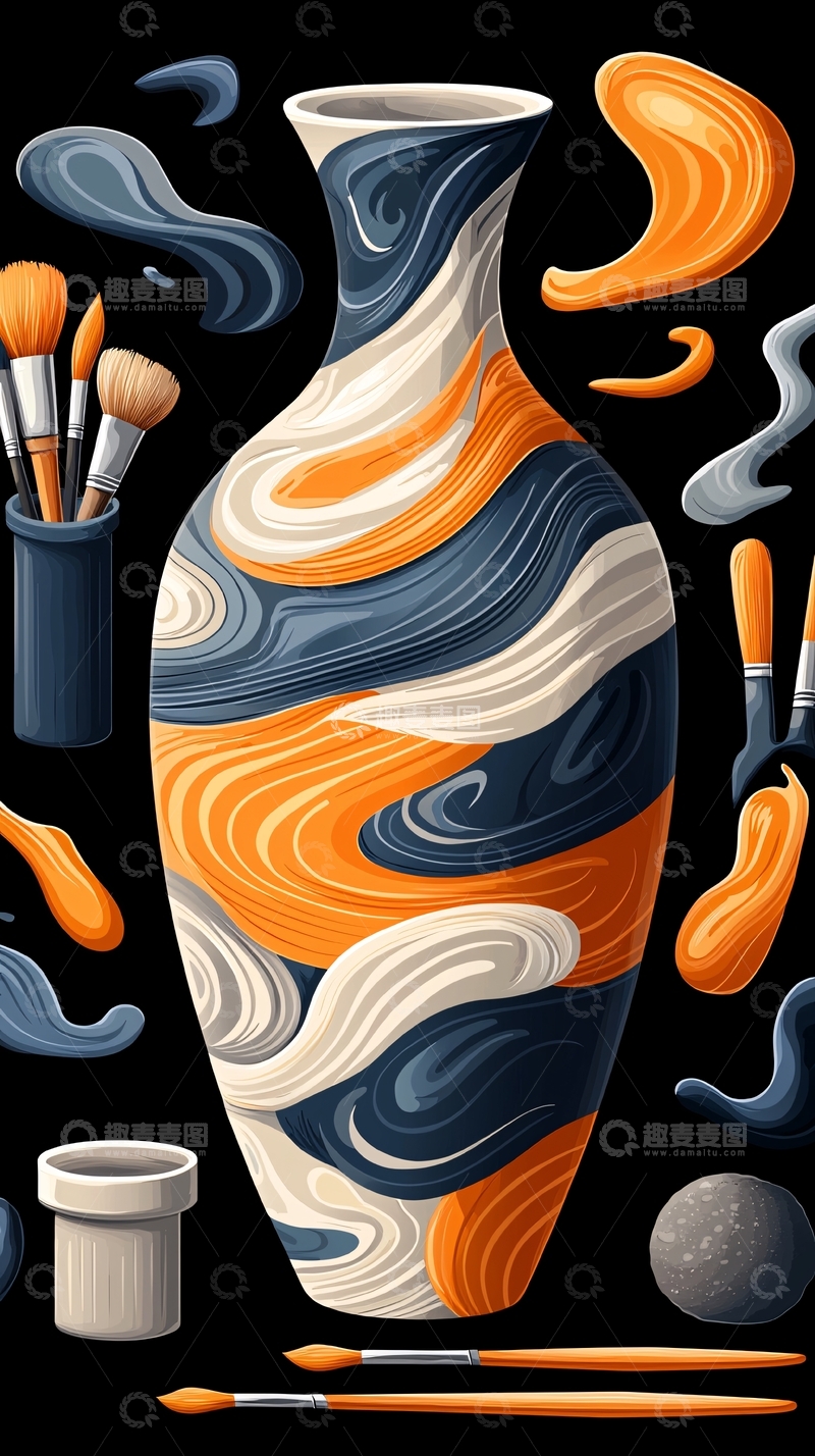 高清大图下载【趣麦麦图】抽象艺术花瓶与画笔创意设计