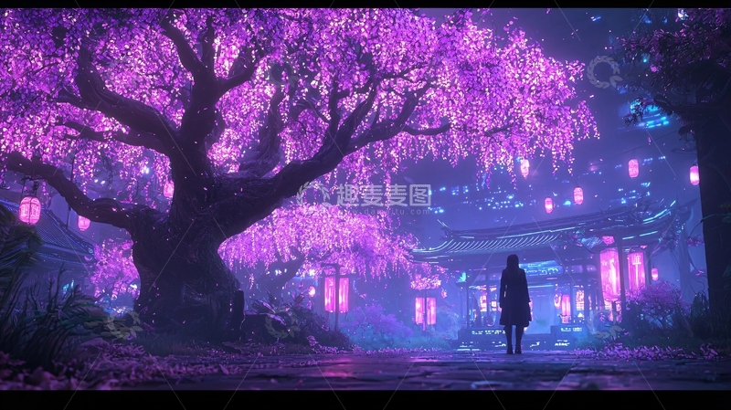 高清大图下载【趣麦麦图】紫色樱花树下的夜晚