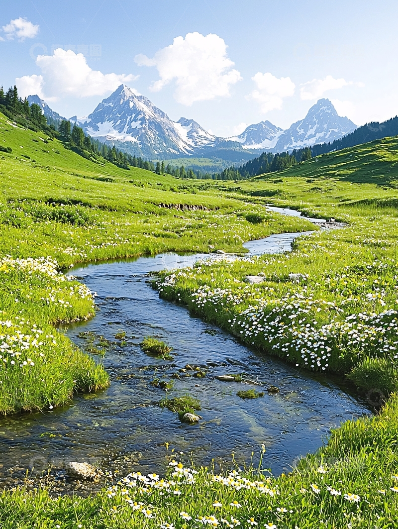 高清大图下载【趣麦麦图】阿尔卑斯山下的溪流与野花