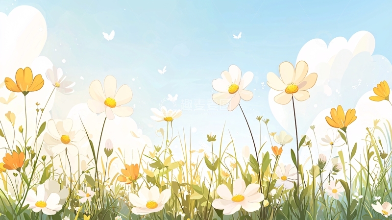 高清大图下载【趣麦麦图】春天田野上的花朵与蝴蝶