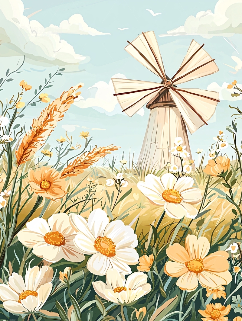 高清大图下载【趣麦麦图】风车与花海的田园风光