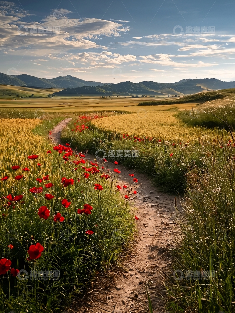 高清大图下载【趣麦麦图】田野小径与红花