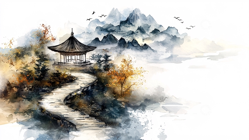 高清大图下载【趣麦麦图】秋日山水亭阁图