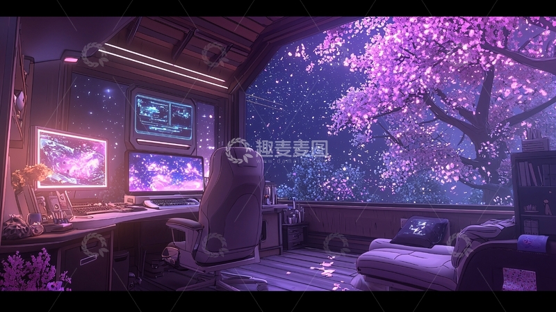 高清大图下载【趣麦麦图】科幻风格游戏室与星空背景