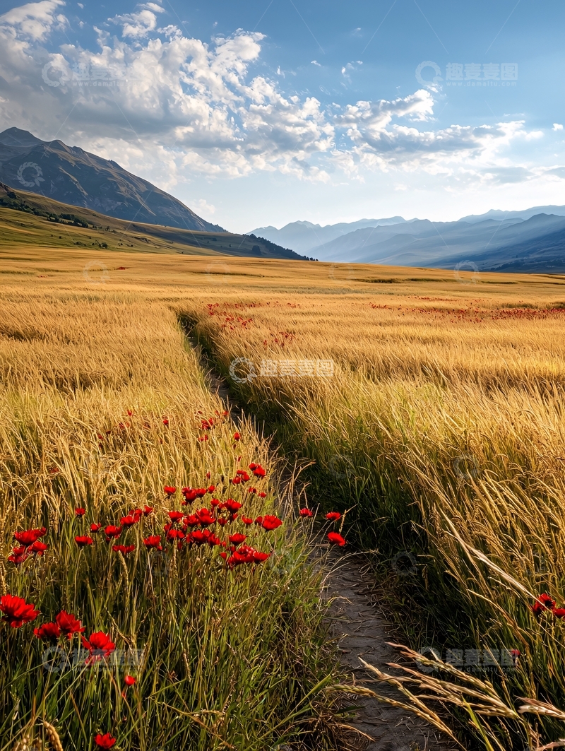 高清大图下载【趣麦麦图】金黄色田野中的红色花朵