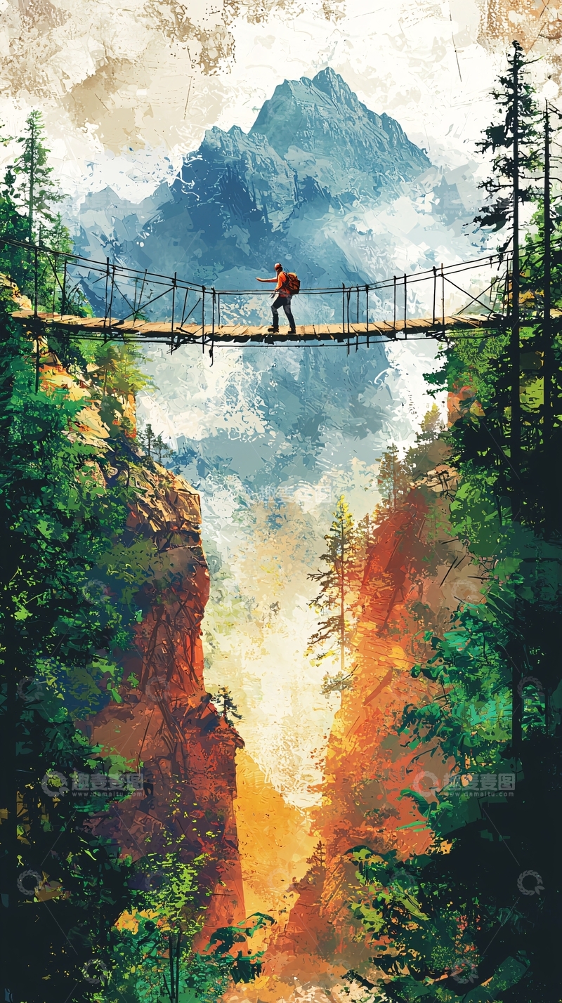 高清大图下载【趣麦麦图】山间吊桥徒步探险