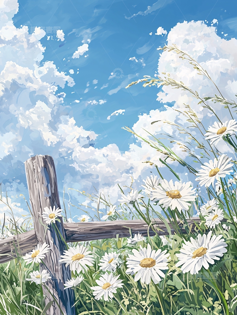 高清大图下载【趣麦麦图】蓝天白云下的野花与木栅栏