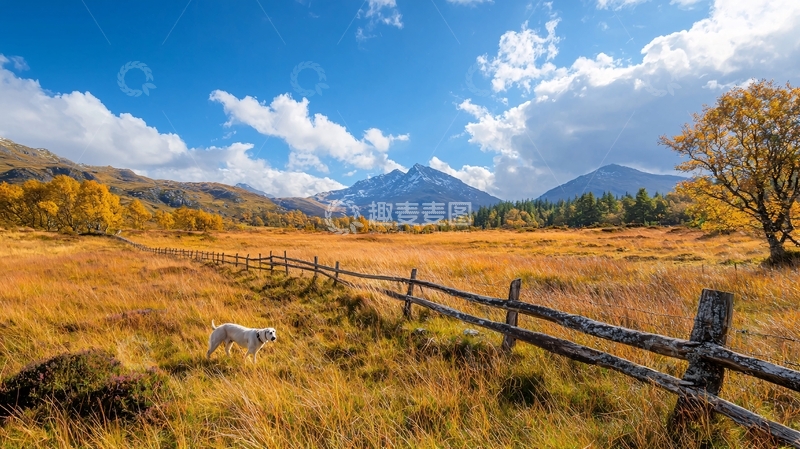 高清大图下载【趣麦麦图】秋日山野中的白色小狗