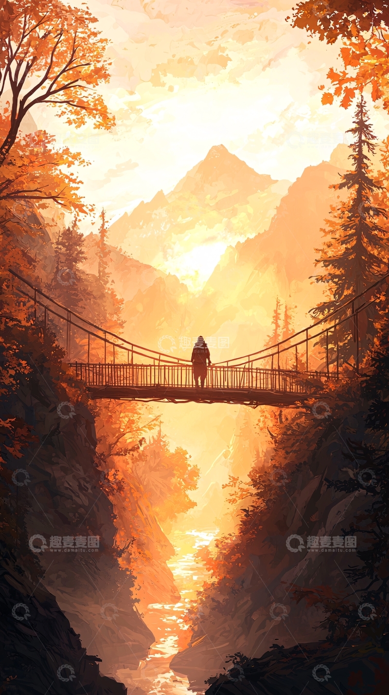 高清大图下载【趣麦麦图】秋日山间吊桥徒步风景