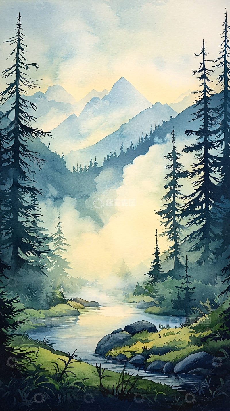 高清大图下载【趣麦麦图】晨雾中的森林河流