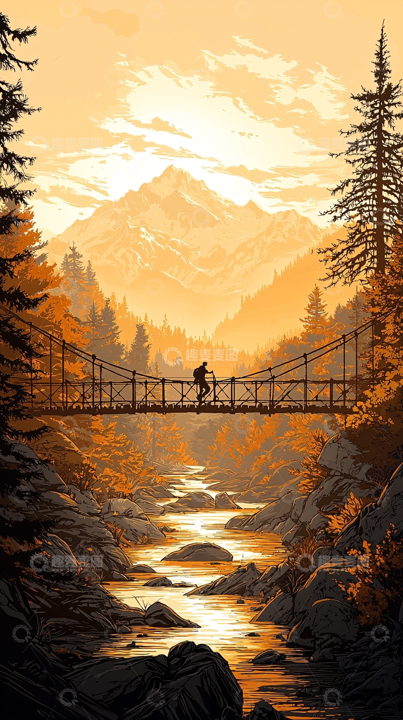 高清大图下载【趣麦麦图】秋日山间徒步桥景