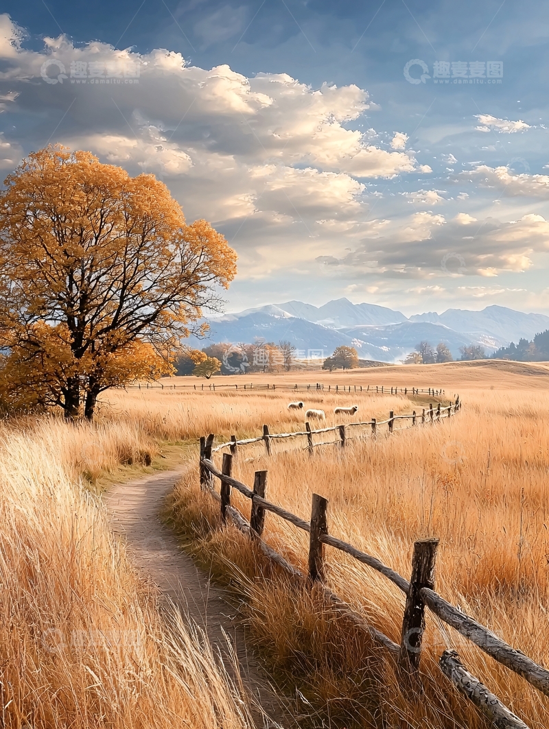 高清大图下载【趣麦麦图】秋日山间小径与羊群