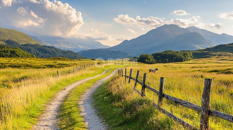 高清大图下载【趣麦麦图】山间小路与羊群的宁静风景