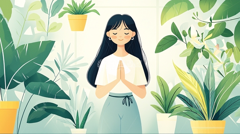 高清大图下载【趣麦麦图】室内植物环绕中的冥想女孩