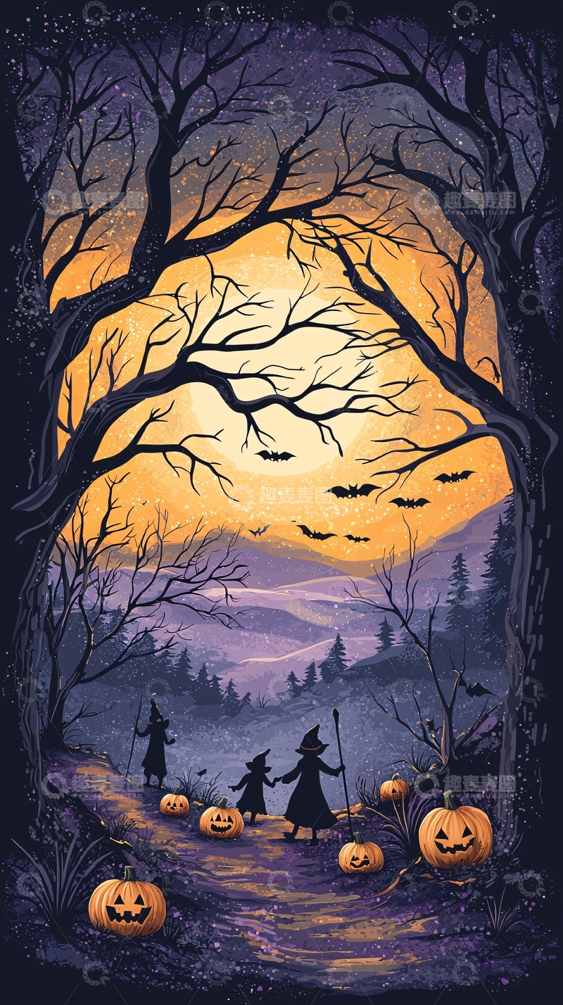 高清大图下载【趣麦麦图】万圣节森林中的女巫与南瓜灯