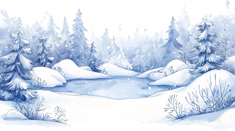 高清大图下载【趣麦麦图】冬日雪景松林小溪