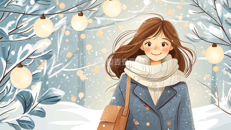 高清大图下载【趣麦麦图】冬日雪景中的温馨女孩