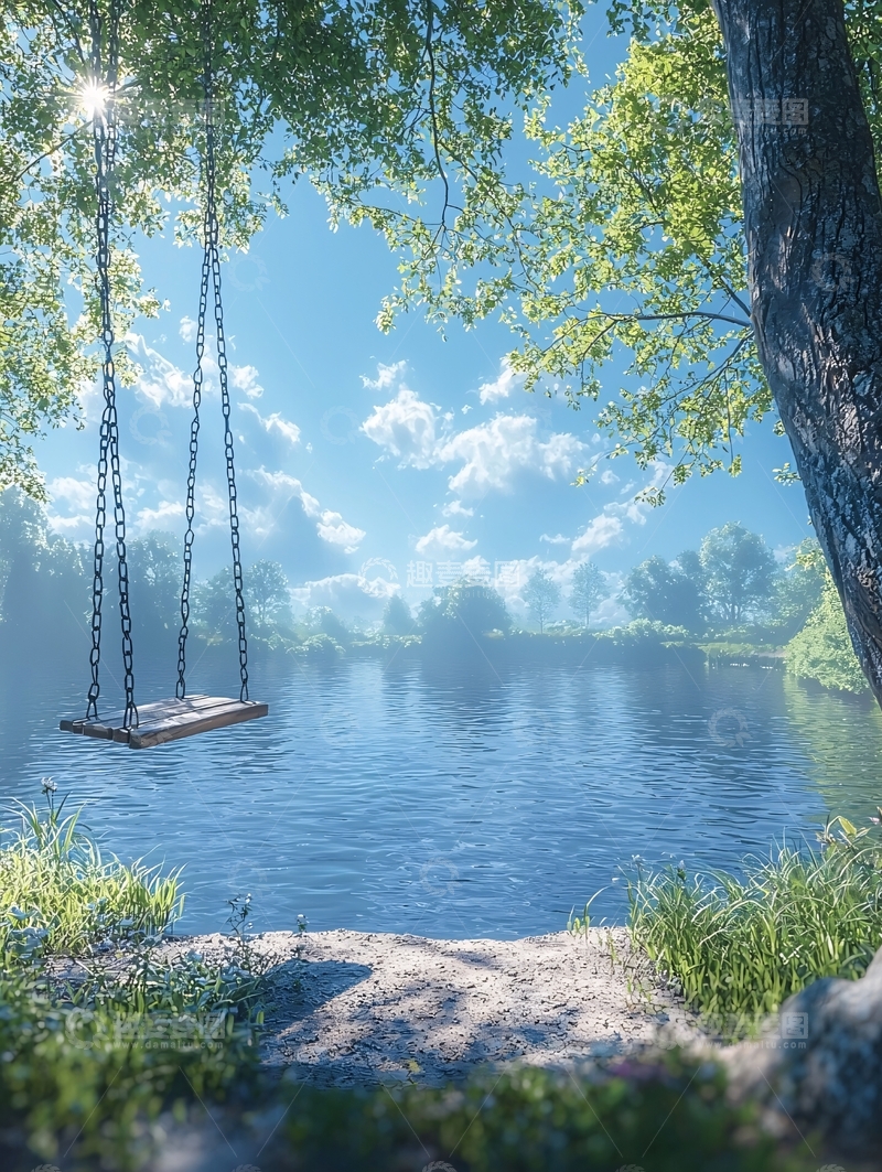 高清大图下载【趣麦麦图】湖边秋千静谧自然风景