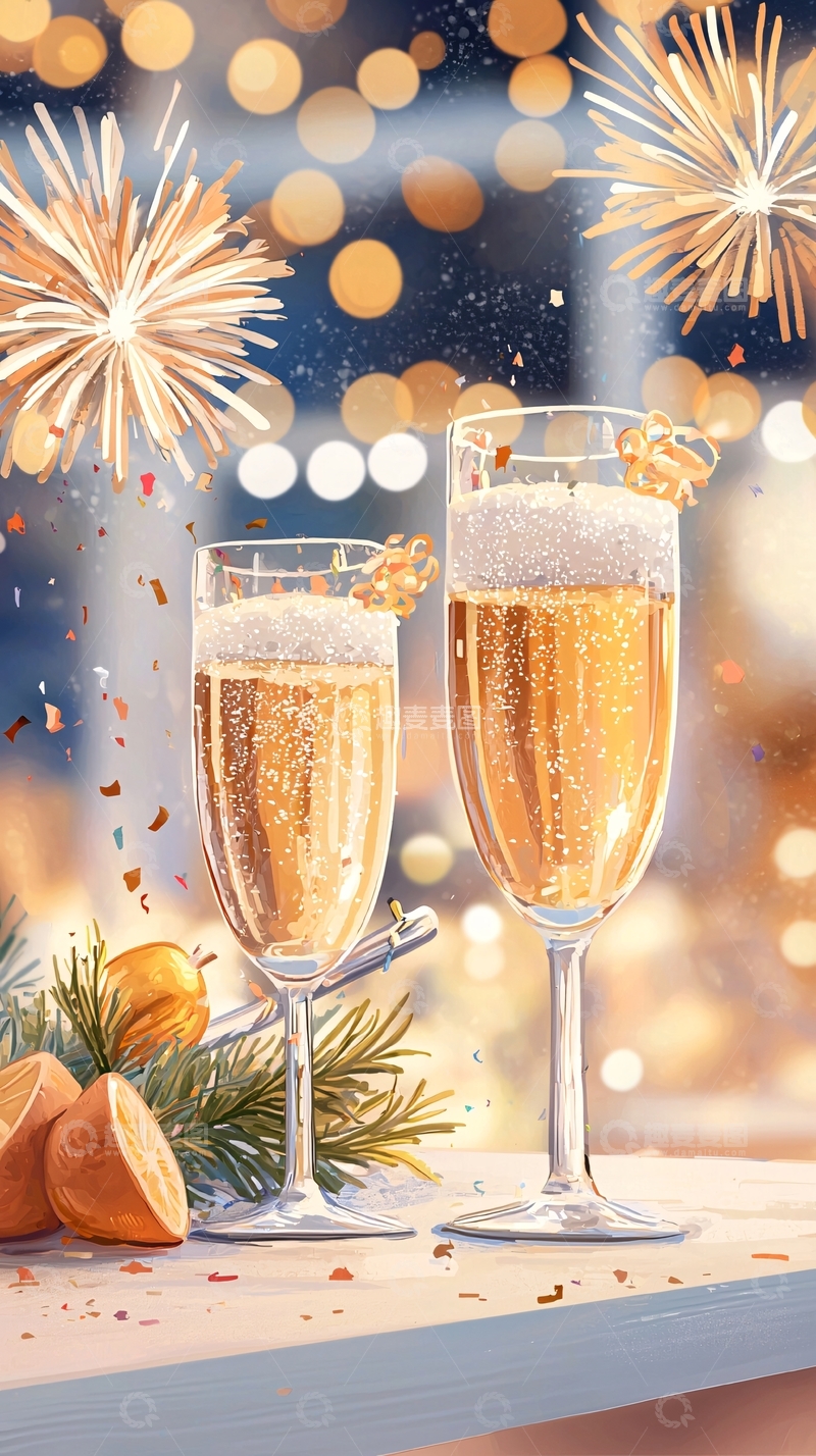 高清大图下载【趣麦麦图】新年庆祝香槟杯烟花背景