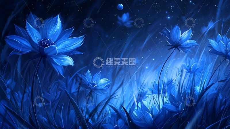 高清大图下载【趣麦麦图】蓝色梦幻花海夜景