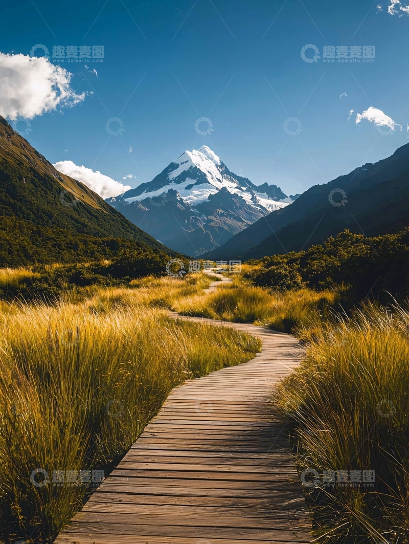 高清大图下载【趣麦麦图】木栈道上的雪山风景