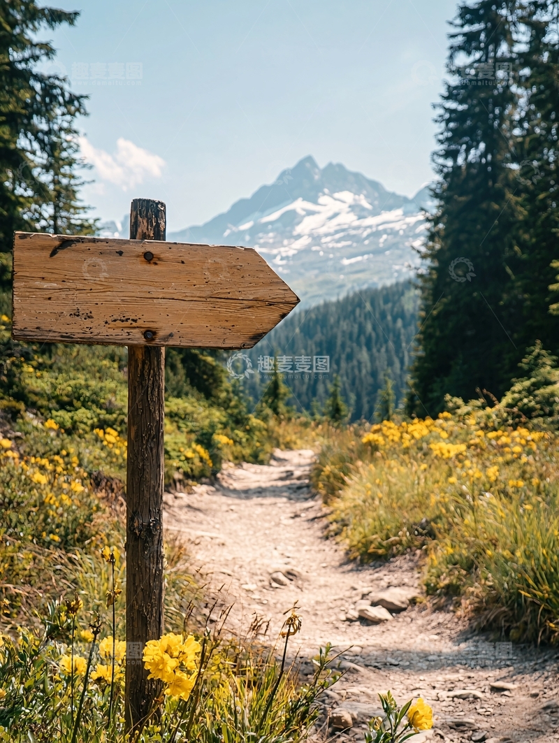 高清大图下载【趣麦麦图】山间小径上的木制路标