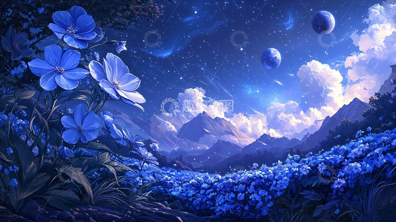 高清大图下载【趣麦麦图】梦幻蓝月夜山花盛开