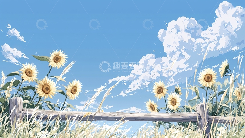 高清大图下载【趣麦麦图】向日葵与蓝天白云的田野风景