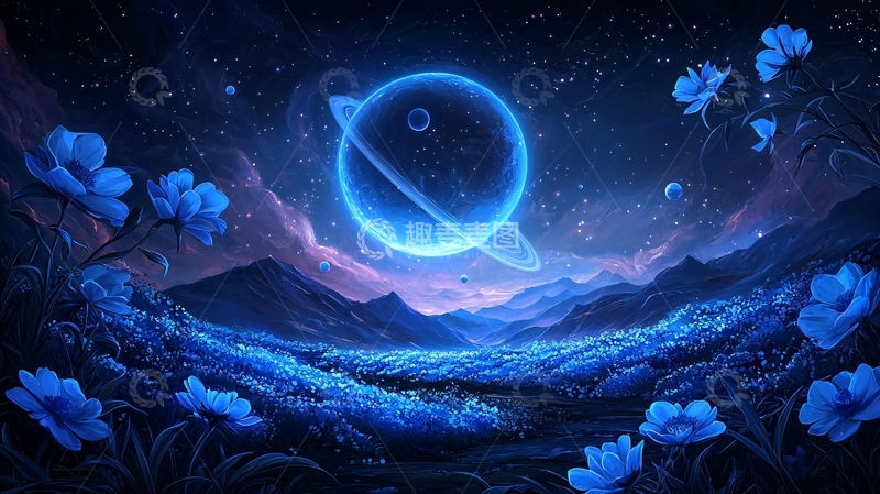 高清大图下载【趣麦麦图】梦幻星球下的蓝色花海