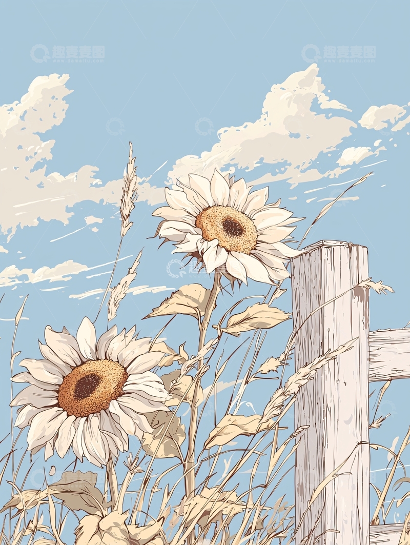高清大图下载【趣麦麦图】向日葵与木栅栏