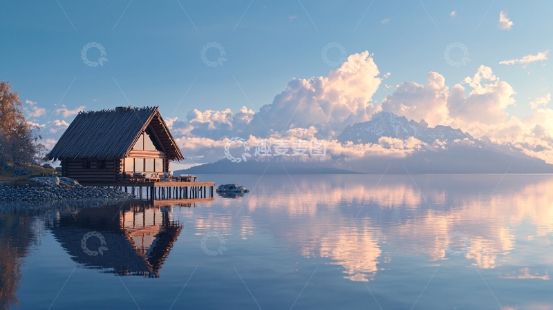 高清大图下载【趣麦麦图】湖边木屋与雪山倒影