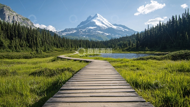 高清大图下载【趣麦麦图】木桥通往雪山自然风光