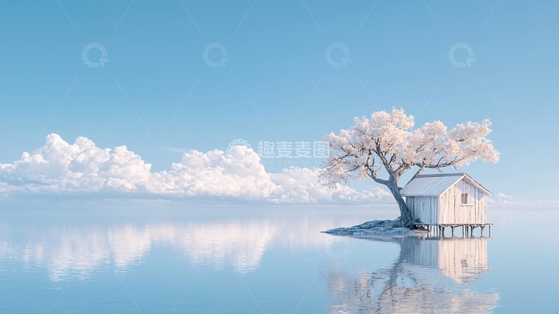 高清大图下载【趣麦麦图】雪景中的小屋与树