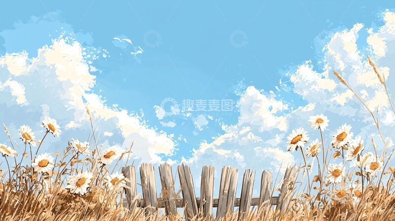 高清大图下载【趣麦麦图】蓝天白云下的乡村篱笆花田
