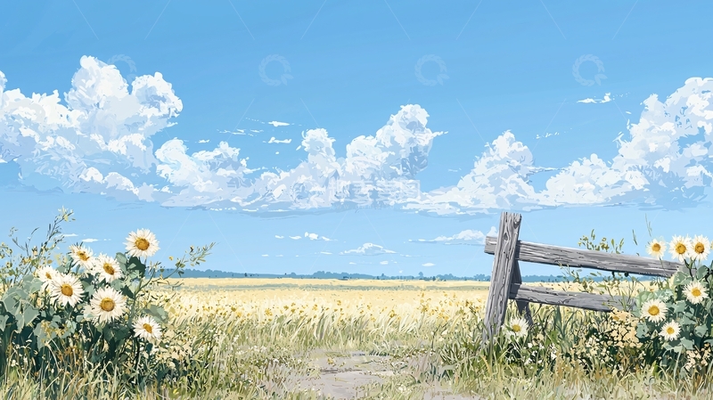 高清大图下载【趣麦麦图】田野上的向日葵与木栅栏
