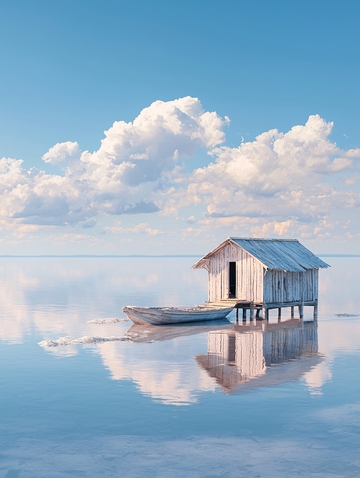 湖边小屋与静谧水面