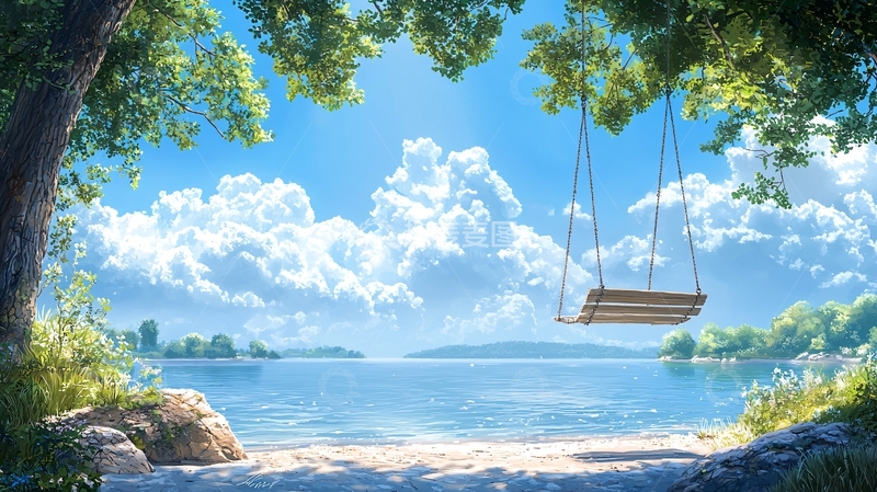 高清大图下载【趣麦麦图】湖边树荫下的秋千