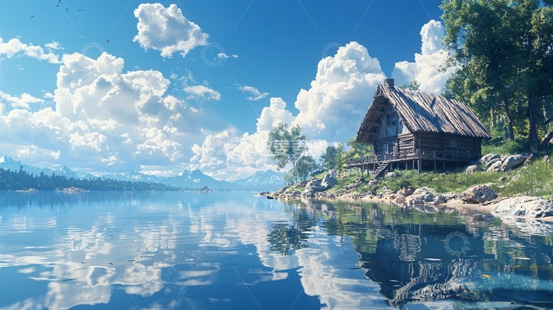 高清大图下载【趣麦麦图】湖边木屋风景图