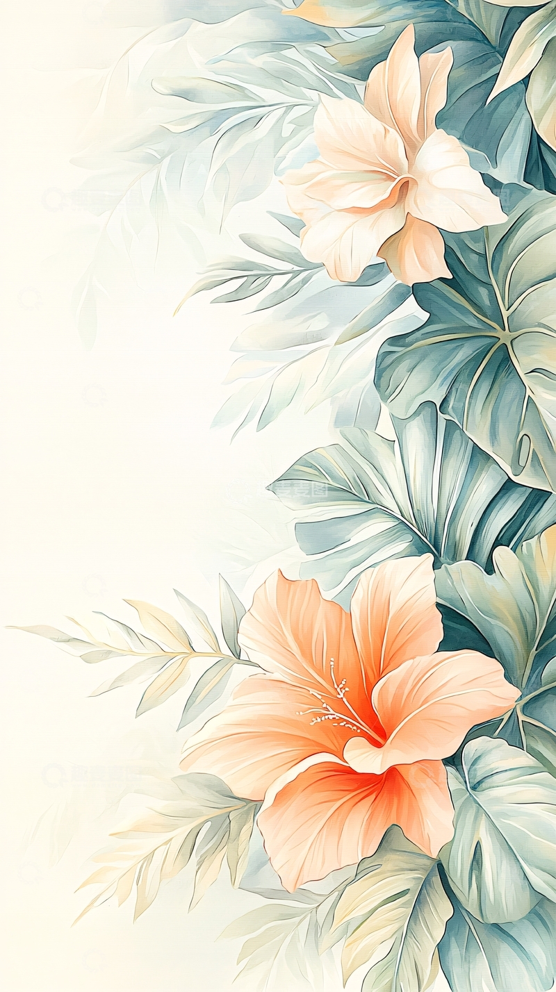 高清大图下载【趣麦麦图】热带花卉手绘插画背景图