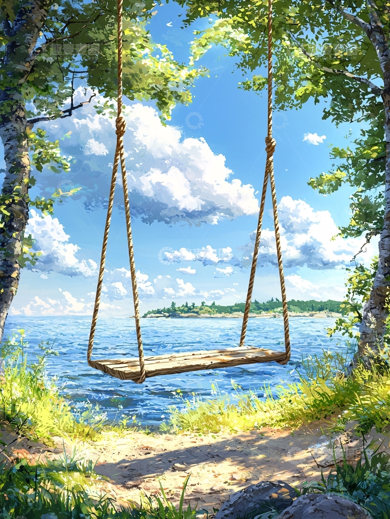 高清大图下载【趣麦麦图】海边树荫下的秋千
