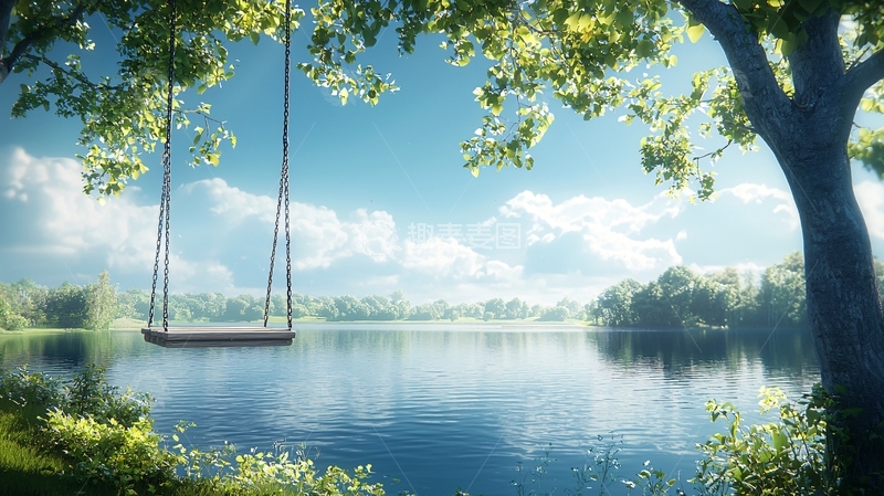 高清大图下载【趣麦麦图】湖边秋千静谧自然风景