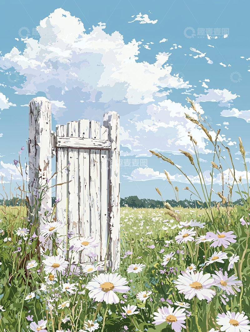 高清大图下载【趣麦麦图】乡村田野上的白色木门