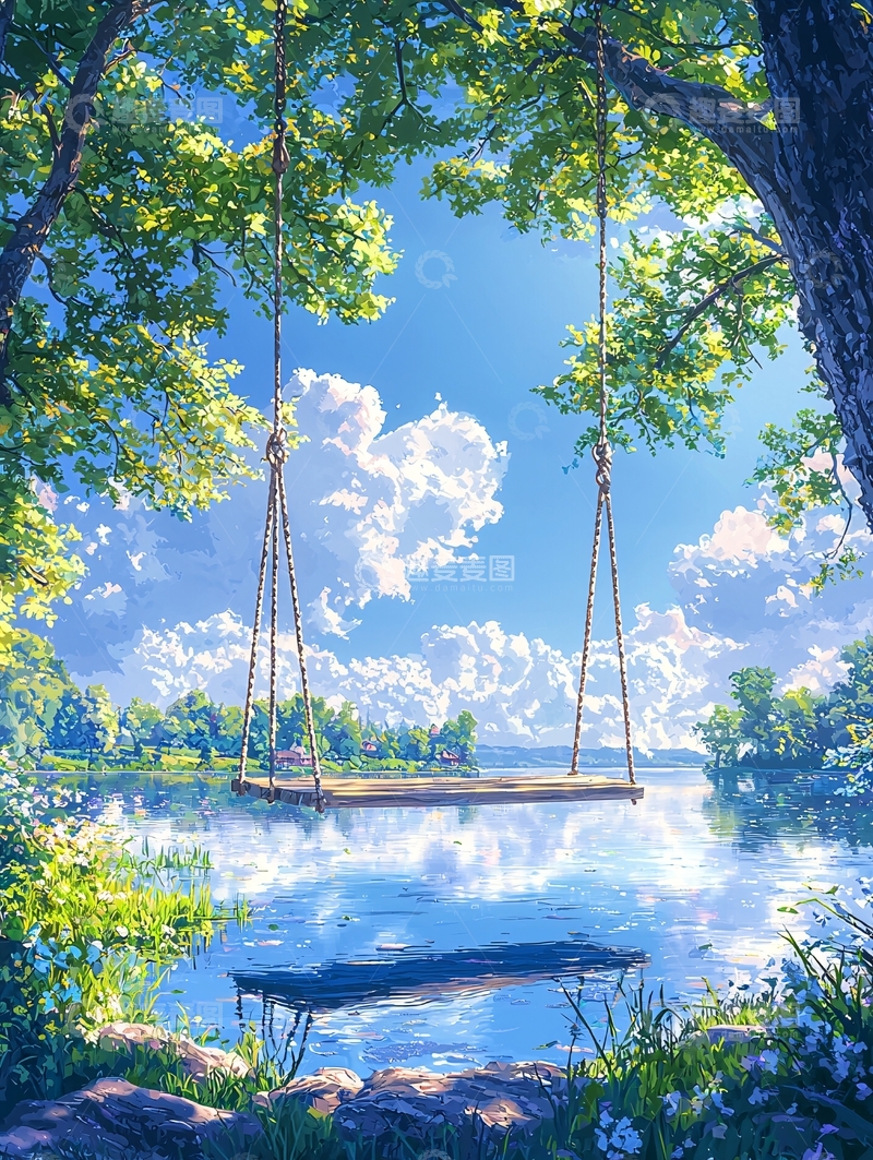 高清大图下载【趣麦麦图】湖边秋千静谧风景