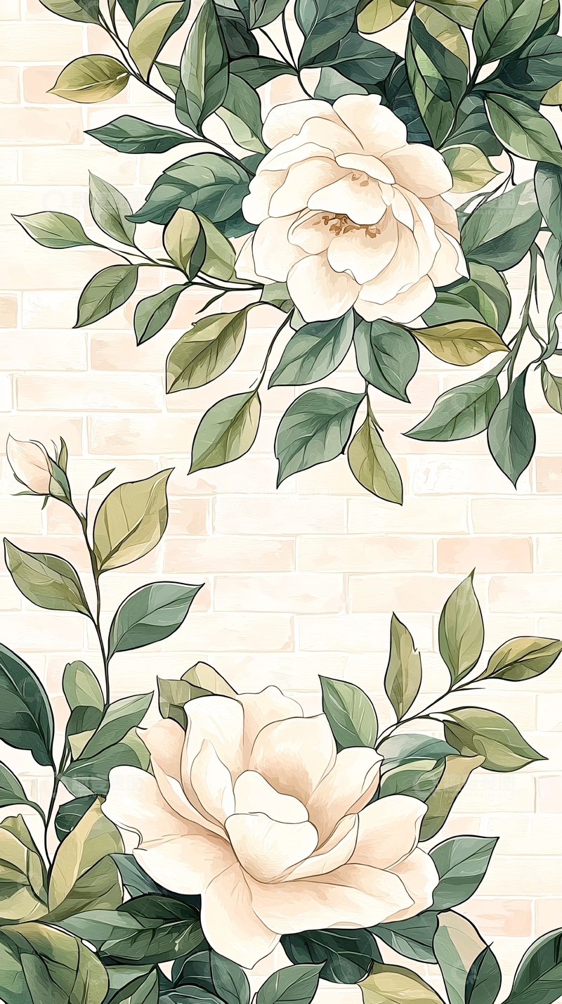 高清大图下载【趣麦麦图】砖墙背景下的白色玫瑰花插画