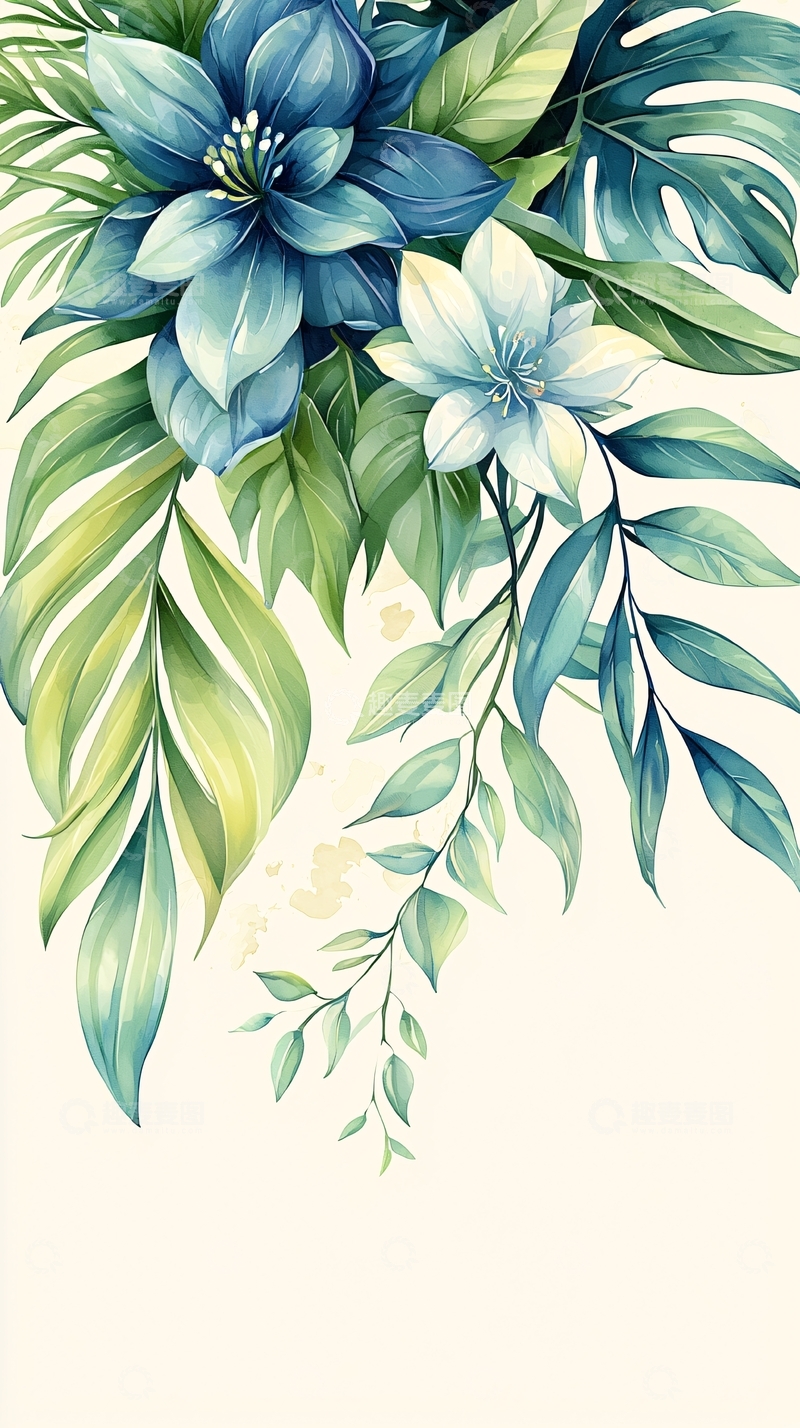 高清大图下载【趣麦麦图】蓝色花朵与绿叶的艺术插画