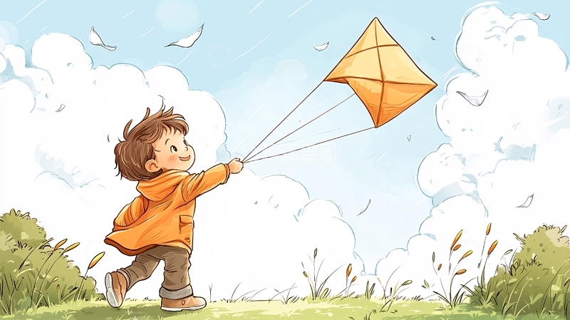 高清大图下载【趣麦麦图】小男孩放风筝的温馨场景